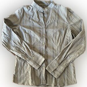 Metallic silver striped collarless long sleeved stretch shirt